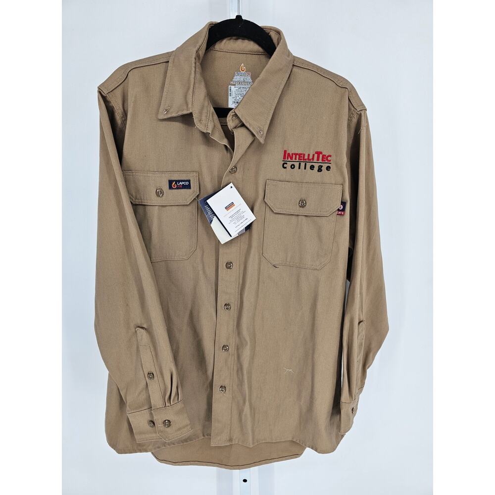 Lapco mens Sz L Long Sleeve Button Up Flame Resistant Shirt Beige
